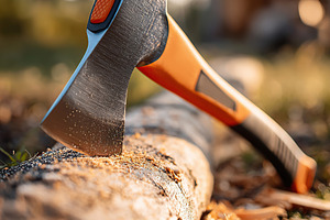 Close up of an axe resting on a freshly chopped log in a forest during the gold, a Photo by AlyaAnd