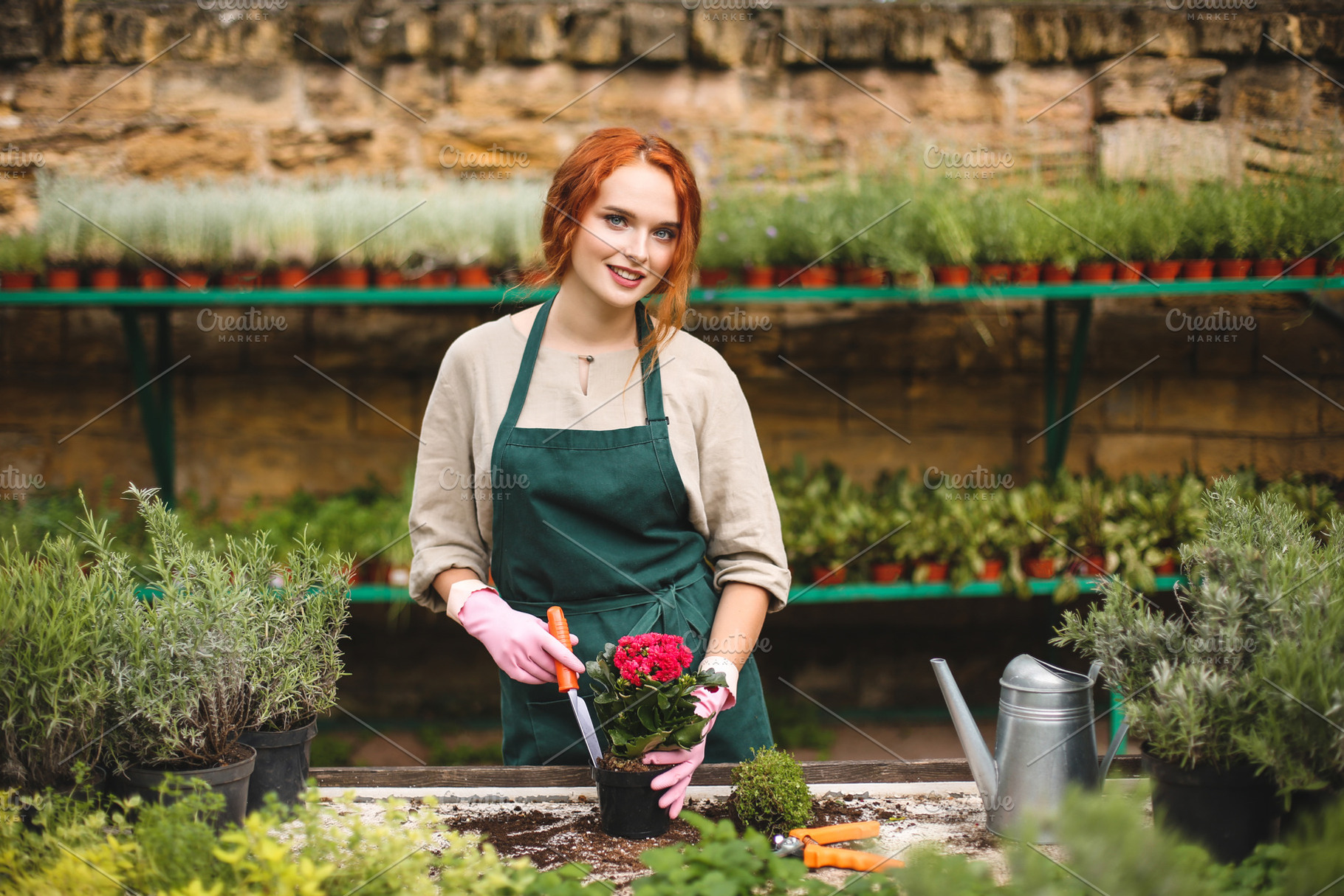 Beautiful florist in apron featuring dreamy, portrait, and gorgeous, a Nature Photo by Garetsworkshop