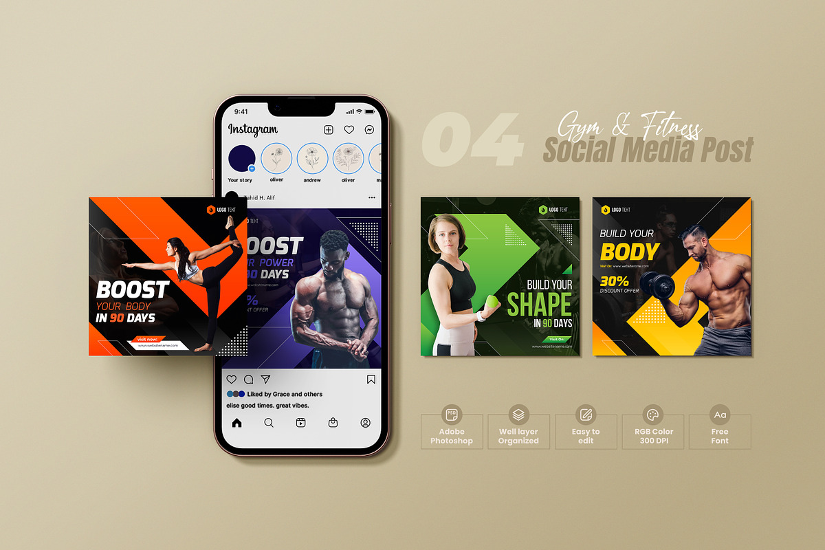 Gym social media post template, a Social Media Template by zahidhossainalif (Photo 1 of 6)