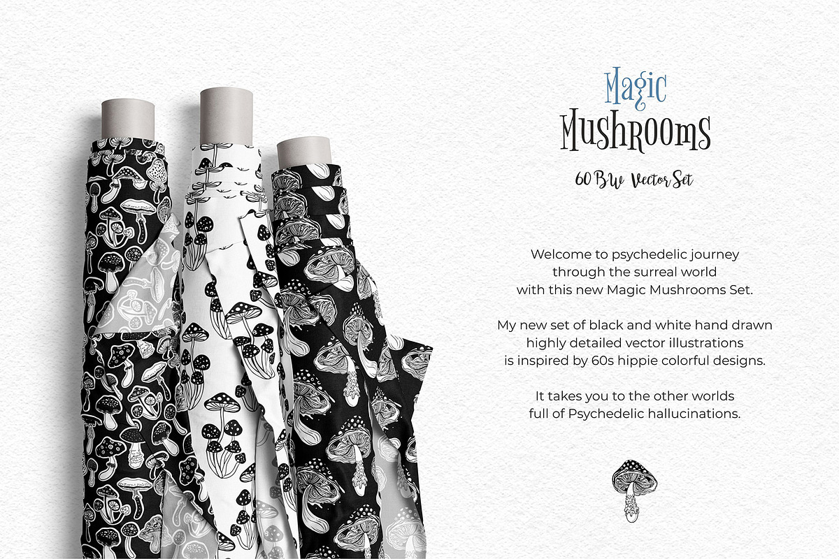 Magic MUSHROOMS. 60 BW Vector Set., an Illustration by Varvara Gorbash (Photo 2 of 11)