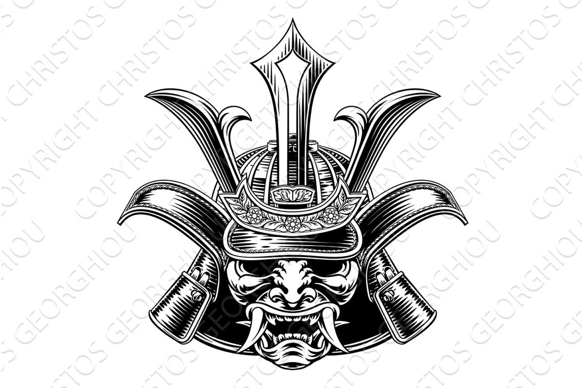 Samurai Mask Helmet Vintage Etching, an Illustration by Christos Georghiou
