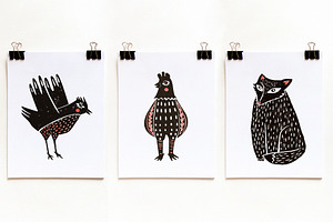 CUTE ANIMALS Linocut Vintage