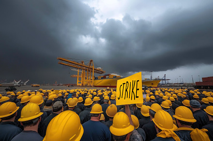 Longshoremen strike at busy dock in cloudy weather, a Transportation Photo by OSORIOartist