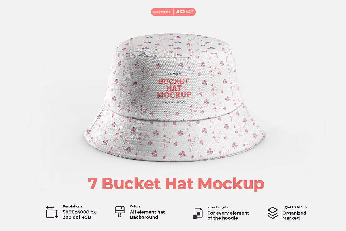 7 Bucket Hat Mockups, a Hat Mockup by Grow Design Craft Studio (Photo 1 of 7)