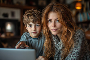 Mother and son engaging in a cozy in, a Photo by Tanuart