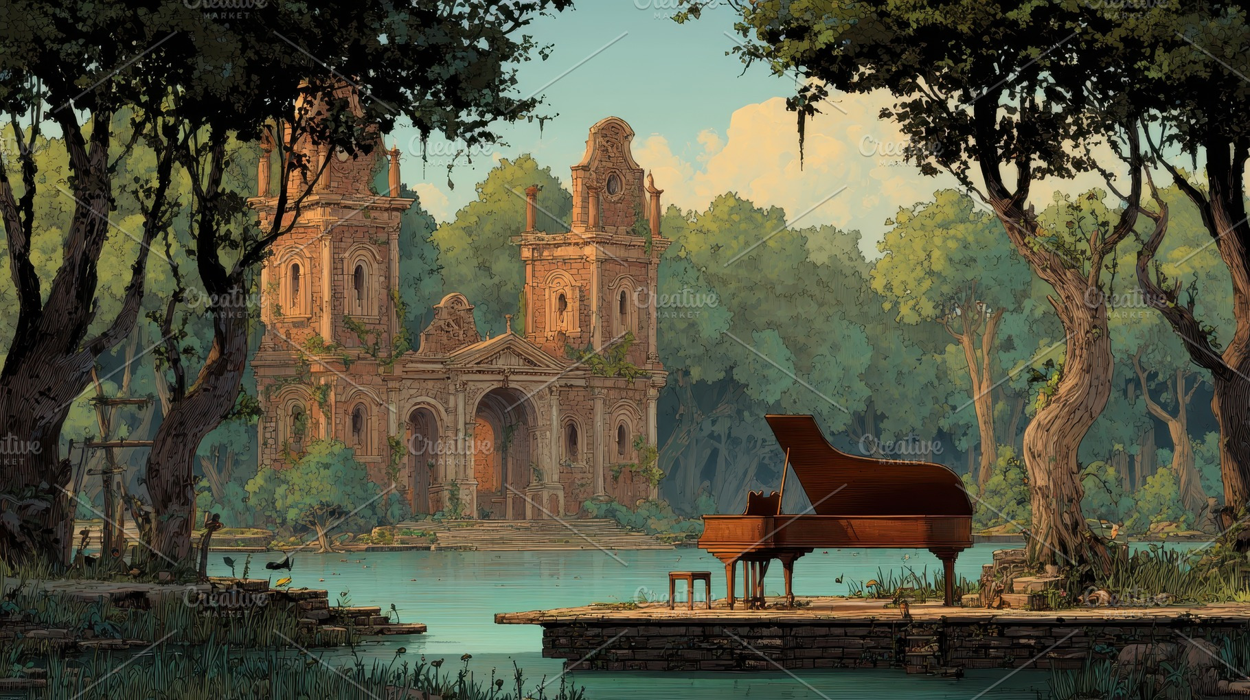 Musical scenery featuring a grand, a Photo by Pavel_design