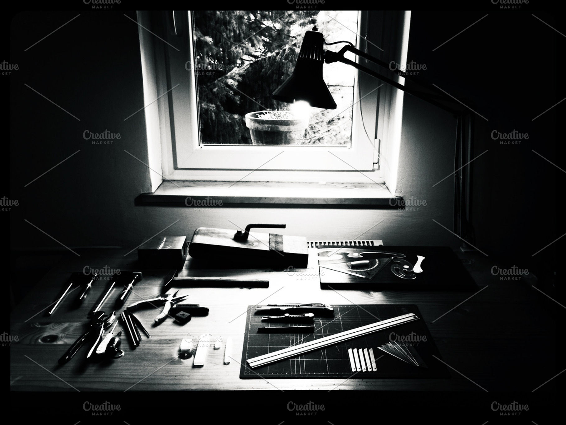 Working tools and workspace featuring work, leather, and ruler