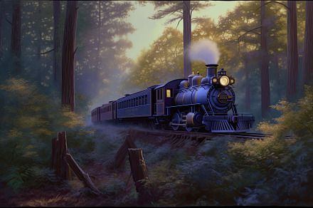 Beautiful and elegant vintage train traveling through a forest in purple and br, a Wallpaper Photo by José Manuel Gelpi