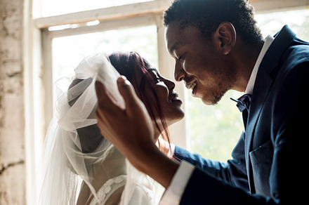 Bride and groom on wedding day stock photo containing occasion and veil, a Person Photo by rawpixel