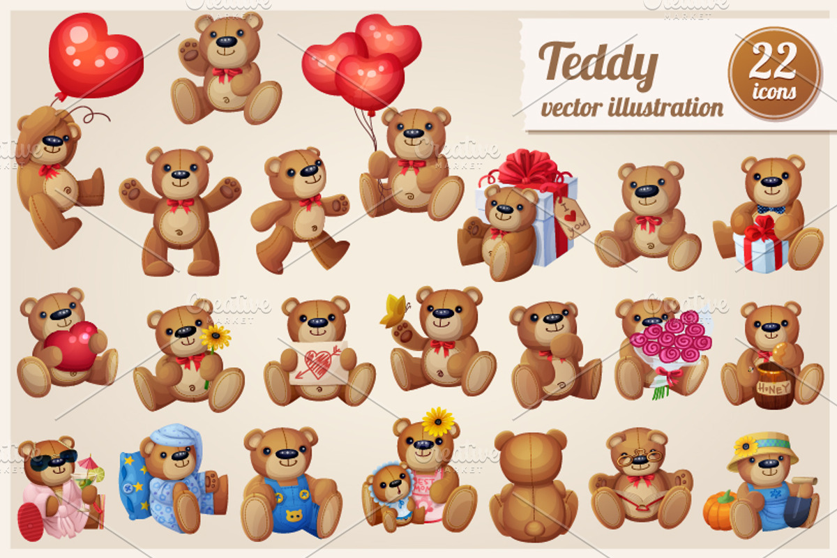 Set of 22 cartoon Teddy bears, an Illustration by Ann-zabella