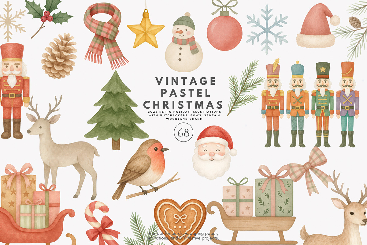 vintage pastel christmas clipart set, a Decorative Illustration by Patishop Art (Photo 1 of 9)