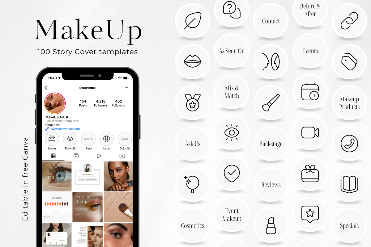 100 Beige MakeUp Story Highlights, a Social Media Template by PatternLab. (Photo 1 of 9)
