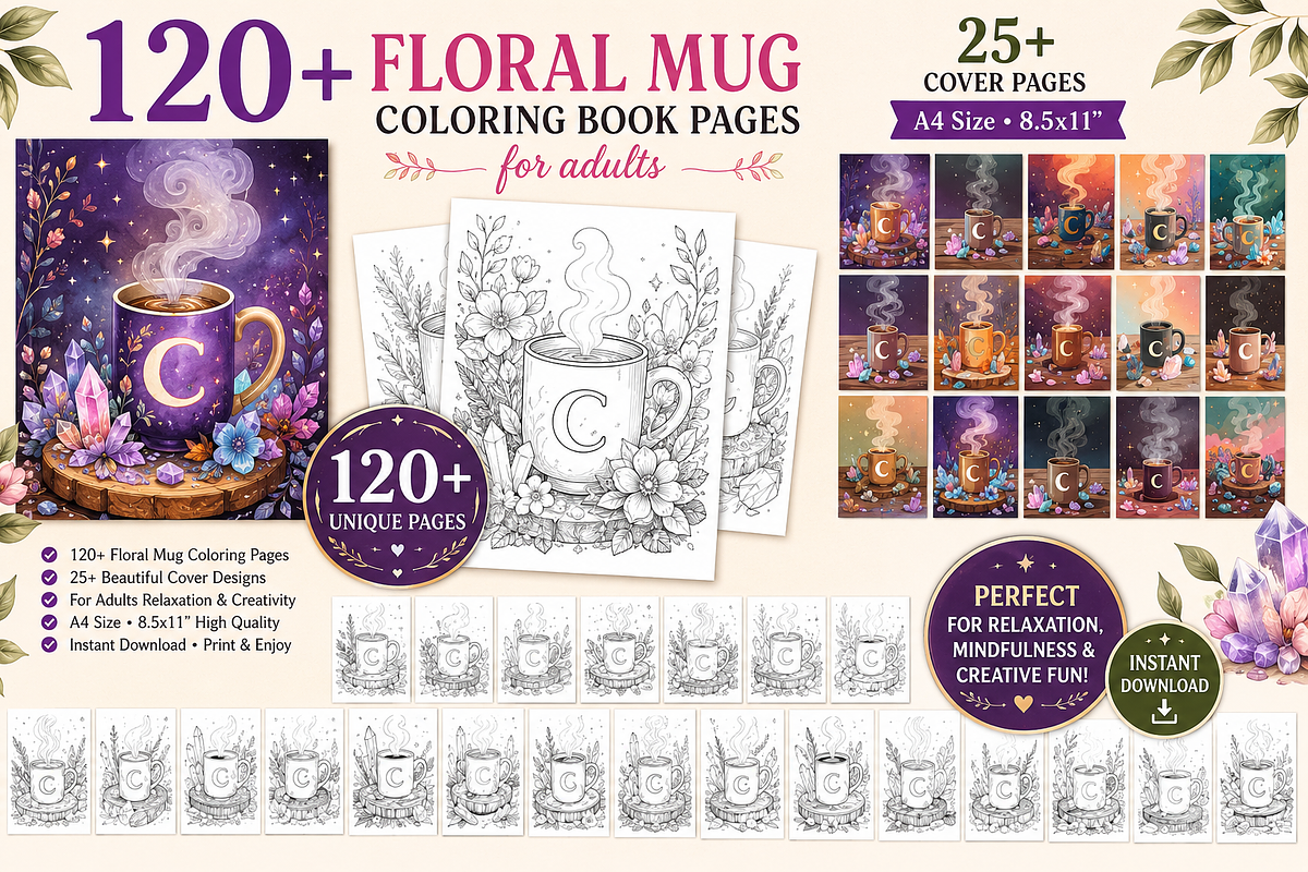Foral Mug Coloring Book Pages, a Pattern Graphic by S Graphic Studio (Photo 1 of 3)