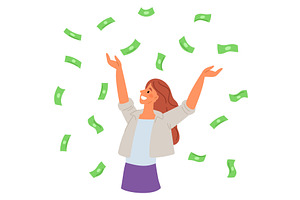 Joyful girl catching green paper, a Finance Illustration by Vectorbuum
