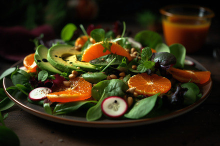 Salad with spinach avocado and red orange, a Photo by Grafvision photography