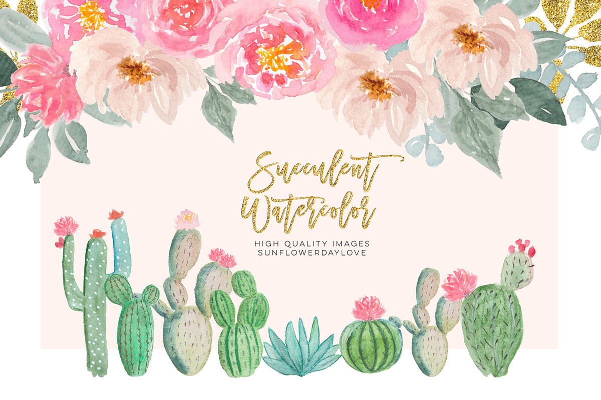 Watercolor cactus floral clip art, an Illustration by Sunflower Day Love (Photo 1 of 4)