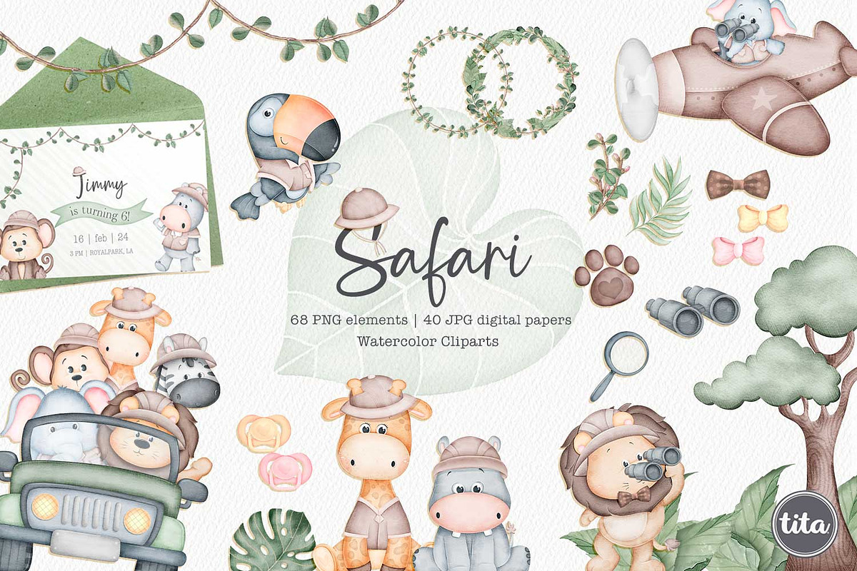 Watercolor Safari clipart & patterns, an Animal Illustration by Tita Creative Studio (Photo 1 of 5)