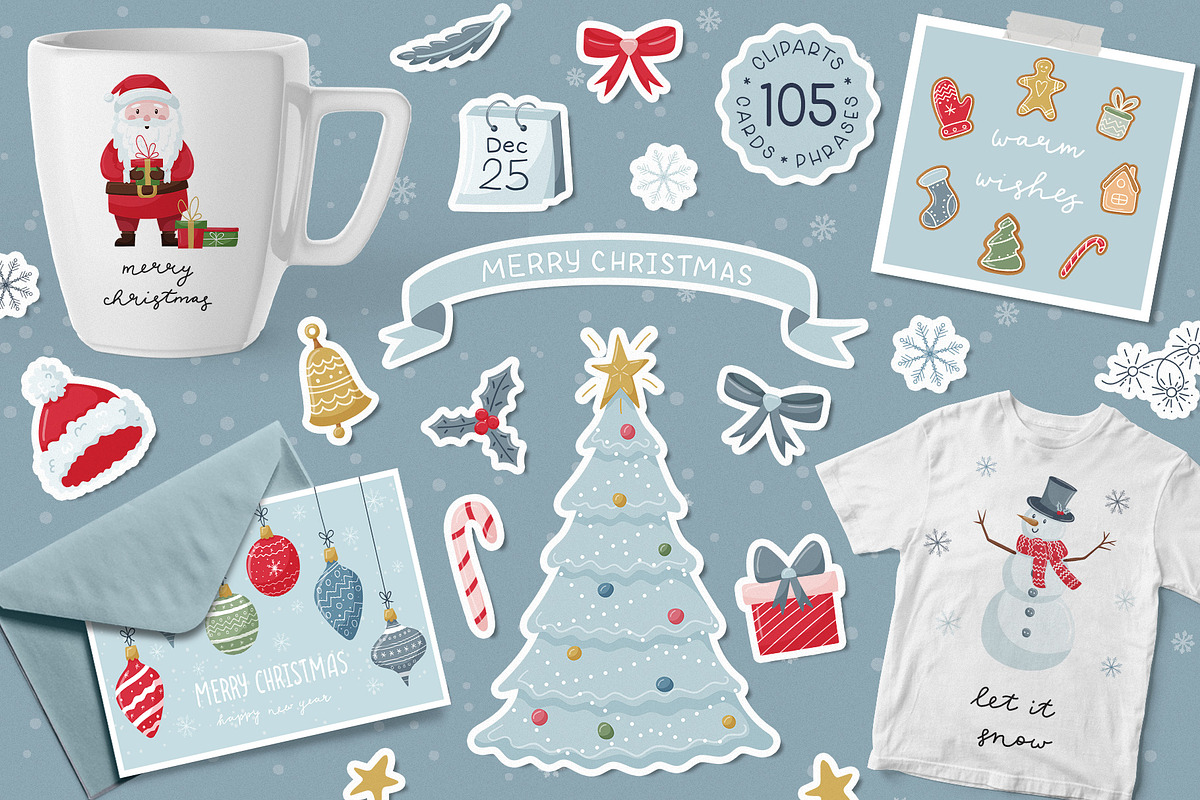Christmas clipart, cards, phrases, a Seasonal Illustration by Valeria Soloveva (Photo 1 of 8)