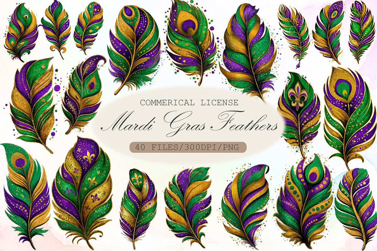 Watercolor Mardi Gras Feathers Clipa, an Illustration by Sublimation Artist (Photo 1 of 6)