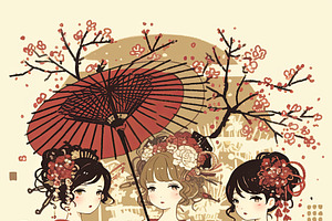 Three women dressed in traditional floral kimonos under a red parasol, an Illustration by AS photostudio