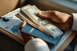 Hands holding cash passport travel d, a Photo by Pixeness Studio