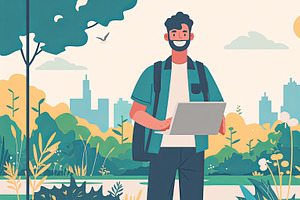 Man using a laptop outdoors in a vibrant green park setting, an Illustration by AS photostudio