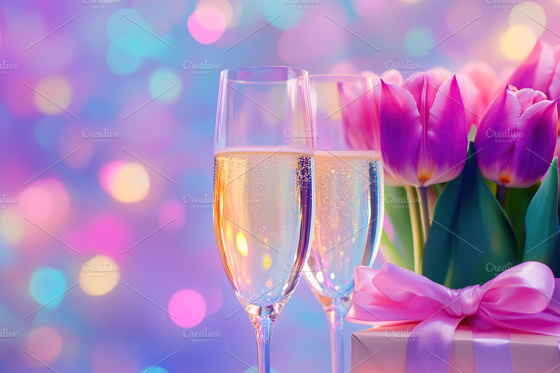 Champagne glasses on blurred lights background, Valentine's Day, a Photo by AlyaAnd