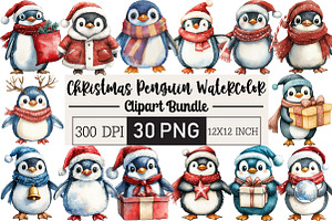 Christmas Penguin Watercolor Clipart, an Illustration by Black Bird Studio