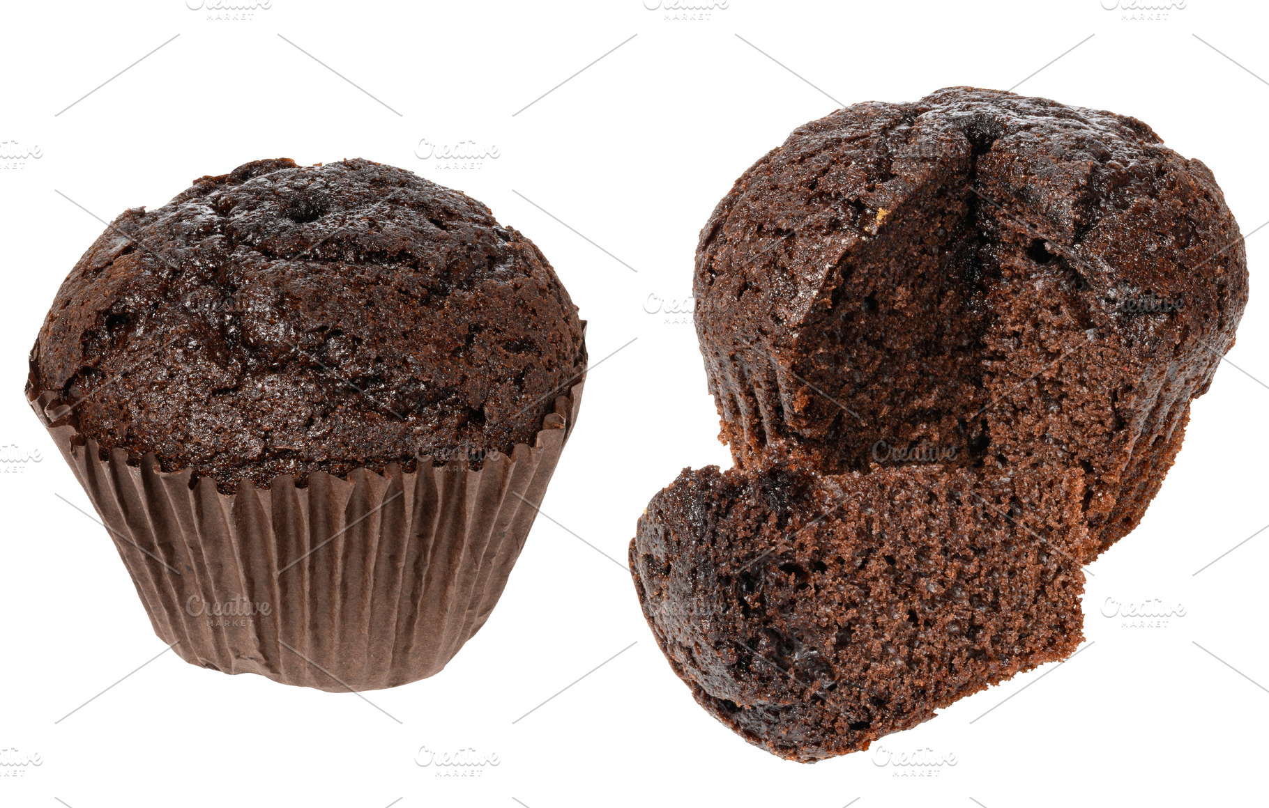 Chocolate muffin in paper form, isolated background, a Food & Drink Photo by ndanko