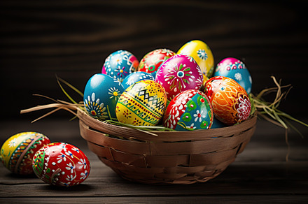 Basket with colorful easter eggs on wooden background, a Holiday Photo by AlyaAnd