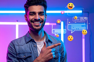Man smiling with social media notification icons, a Person Photo by DanFLCreativo