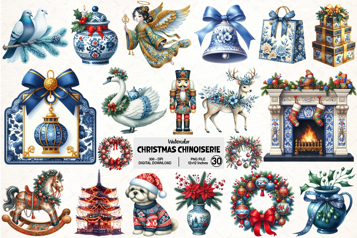 Christmas Chinoiserie Sublimation, an Illustration by Pixels.Craft (Photo 1 of 7)