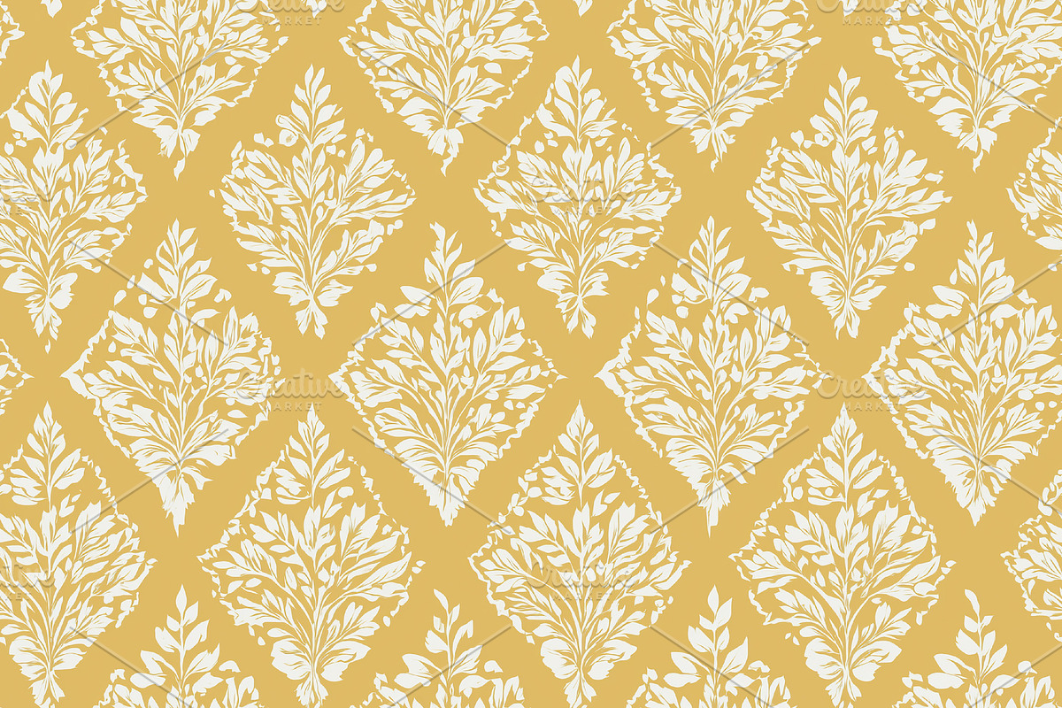 Seamless pattern. Yellow seamless damask pattern featuring intricate floral lea, a Pattern Graphic by Studio ANNA