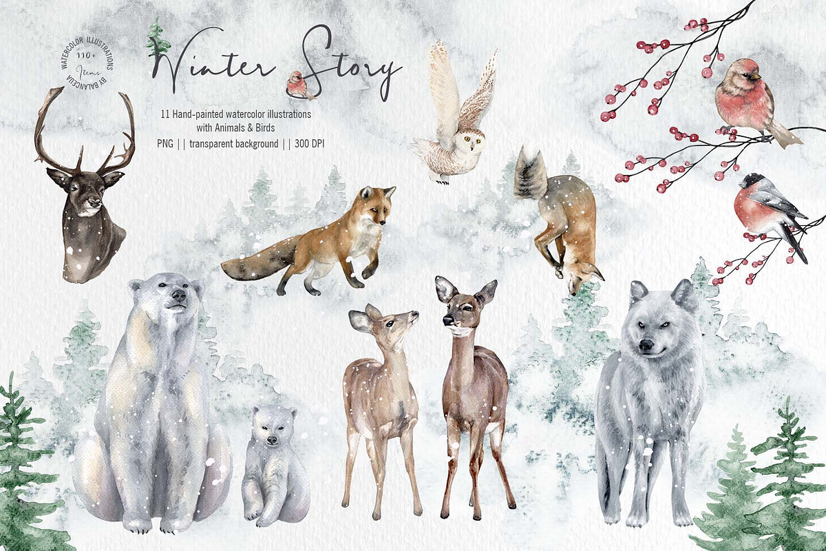 Winter Story Watercolor Clipart, an Animal Illustration by BalanceUA (Photo 8 of 13)