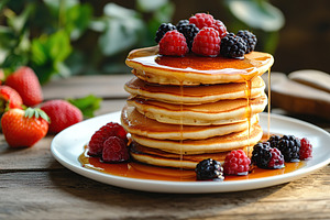 Tall stack of fluffy pancakes drizzled with syrup and topped with fresh berries, a Food & Drink Photo by AlyaAnd