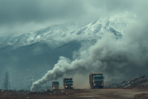Garbage trucks mountains smoke pollu, a Photo by Pixeness Studio