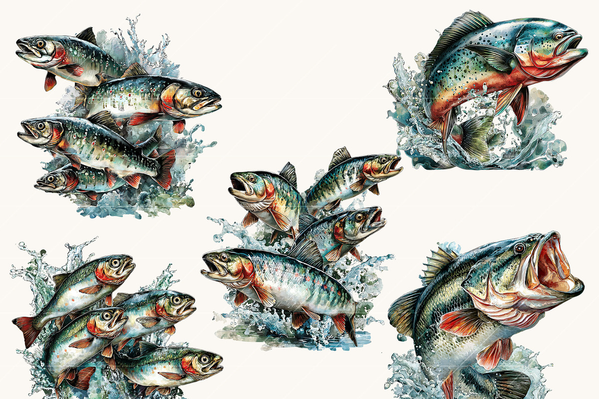 Watercolor Jumping Fish Clipart, an Animal Illustration by BusyDaydesign (Photo 3 of 9)