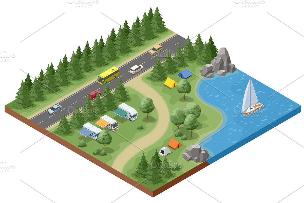 Isometric riverside camping with, a Sport Illustration by Golden Sikorka