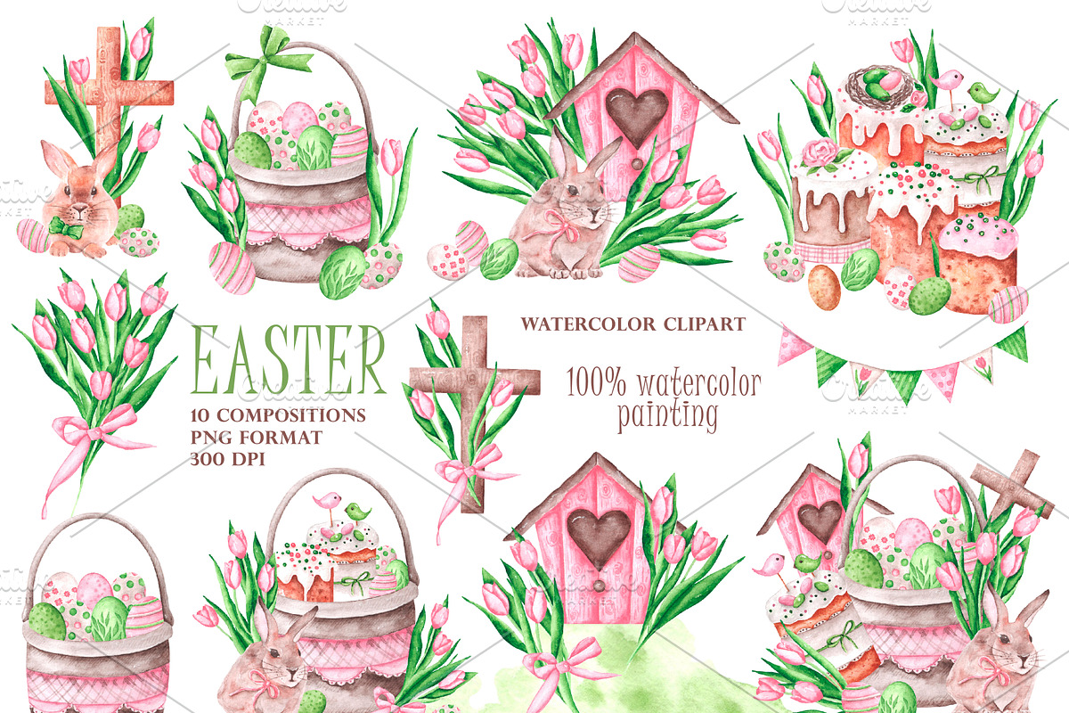 Easter watercolor set. Happy Easter!, an Illustration by SabinaWatercolorArt (Photo 3 of 16)