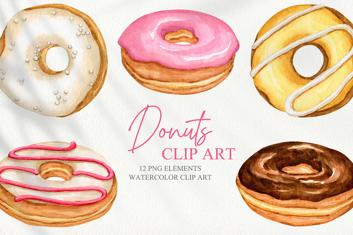 Watercolor donuts collection, a Food Illustration by CrystalinaShop (Photo 2 of 4)