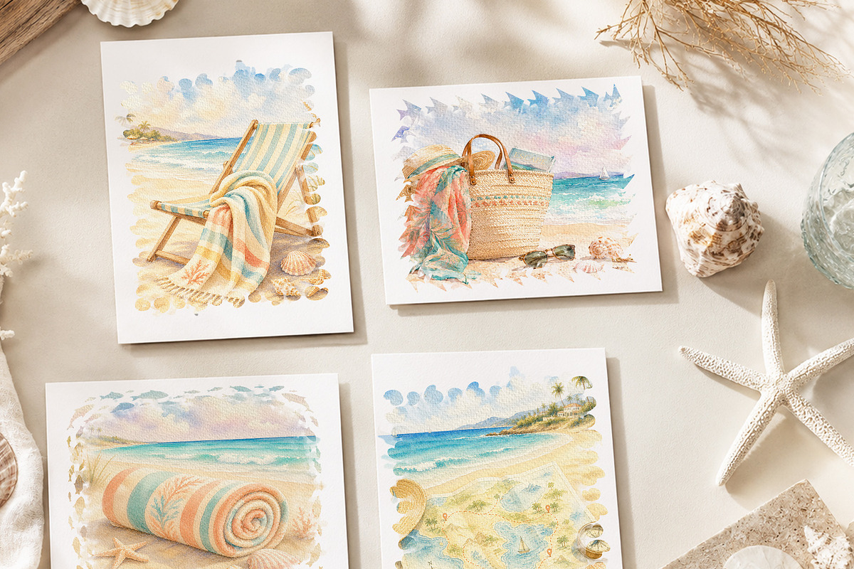 Summer Beach Essentials Watercolor, a Decorative Illustration by Sunshine Art (Photo 4 of 6)
