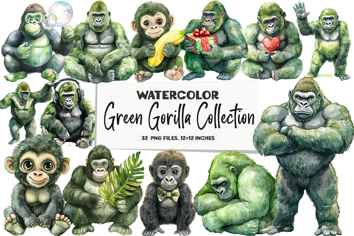 Watercolor Green Gorilla Collection, an Illustration by DreamArtGraphic (Photo 1 of 5)