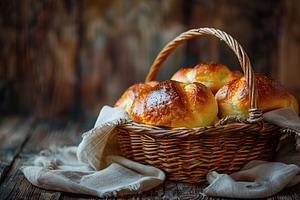Freshly different baked buns in basket on wooden table, a Food & Drink Photo by AlyaAnd