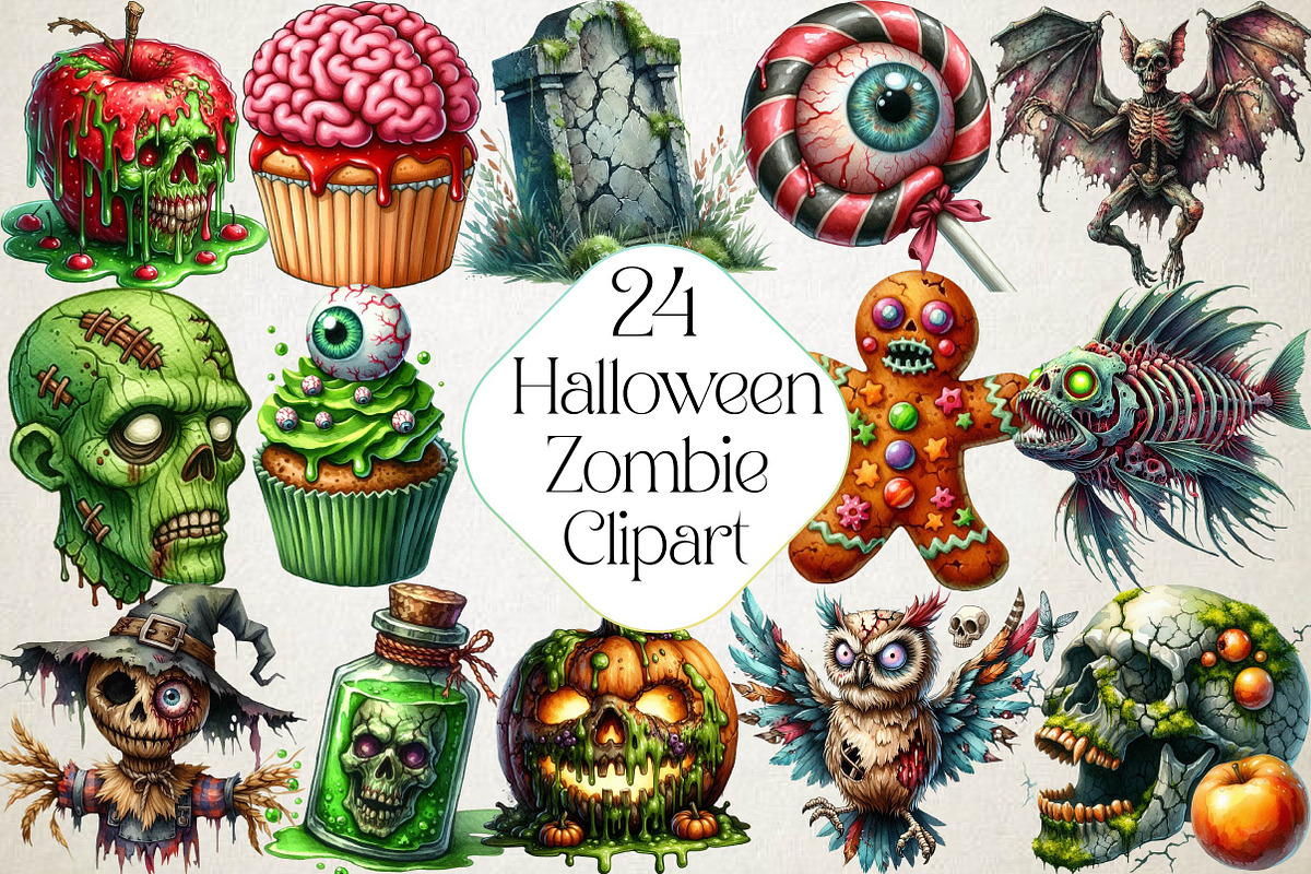 Halloween Zombie Watercolor Clipart, an Illustration by DreamPrint404 (Photo 1 of 5)