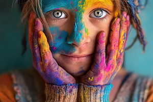 Colorful Holi festival portrait of child with face covered in vi, a Person Photo by José Manuel Gelpi