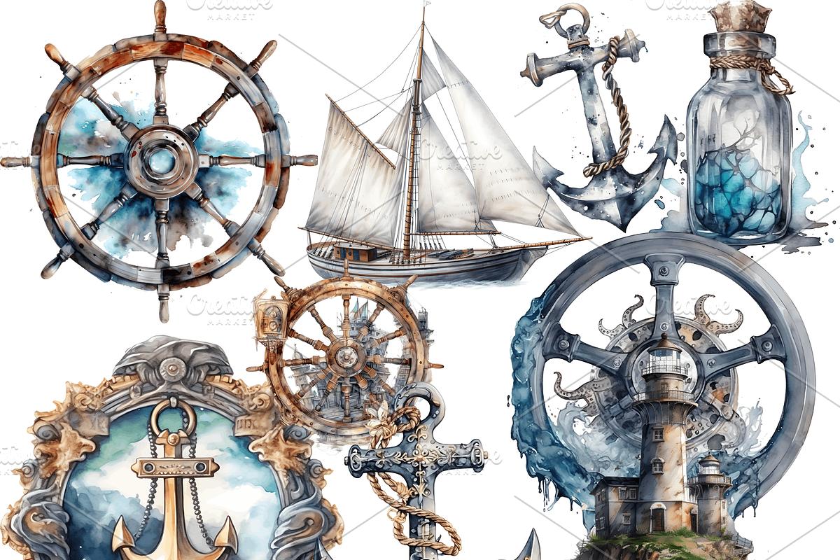Watercolor Nautical Elements Clipart, an Object Graphic by ArtisticTimberStudio (Photo 2 of 2)