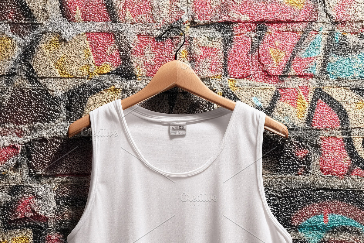 A plain white tank top mockup hanging on a wooden hanger against a colorful gra, a Shirt Mockup by Textures & Backgrounds