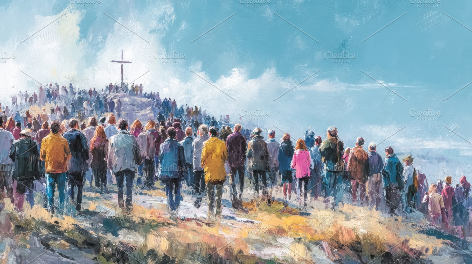 Large crowd walking toward hilltop cross under blue sky in color, a Person Photo by José Manuel Gelpi
