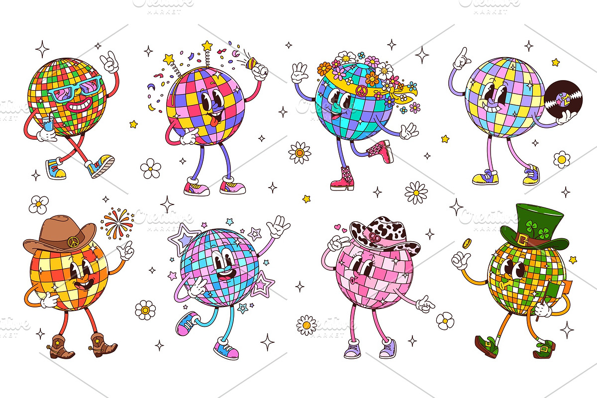 Cartoon groovy disco ball characters, a Decorative Illustration by Buch&Bee (Photo 1 of 3)