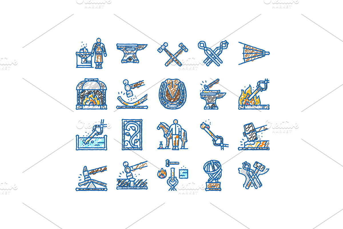 blacksmith forge anvil hammer icons, an Object Illustration by pikepicture